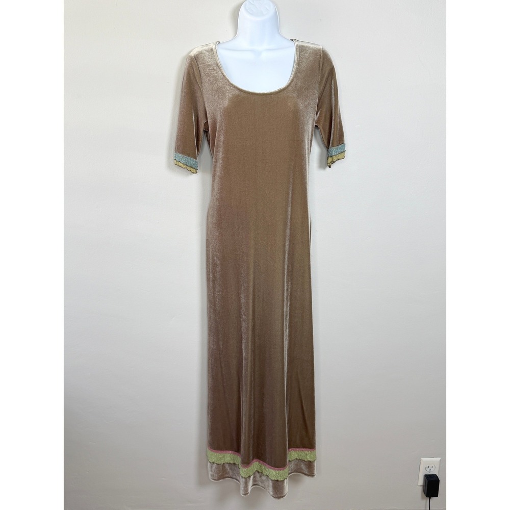 Vtg Nathalie Seaver‎ Velvet Maxi Dress S Tan Lace Trim Whimsigoth Boho-Chic 90s